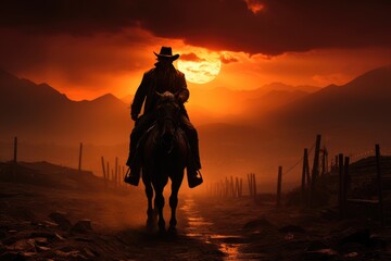 Fototapeta na wymiar Eternal Symphony: The Timeless Silhouette of a Horse and Rider Enchants the Fiery Sunset, with the Serene Mountain Shadows as Silent Witnesses Generative AI