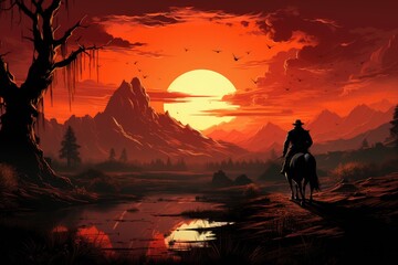 Grace Amidst the Blaze: Revel in the Silhouette of a Horse and Rider, Bathed in the Fiery Glow of the Setting Sun, with Mountains Looming in Shadow Generative AI