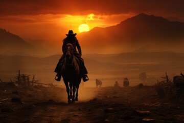 Fototapeta na wymiar Radiance Unleashed: Witness the Powerful Silhouette of a Horse and Rider Engulfed by a Fiery Sunset, with Majestic Mountains Casting Mysterious Shadows Generative AI
