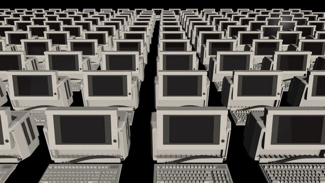 Symmetrical Rows of Old PC Computers with Keyboards - 3D Animation
