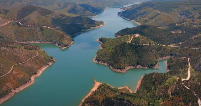 zezere river valley in portugal very long aerial shot