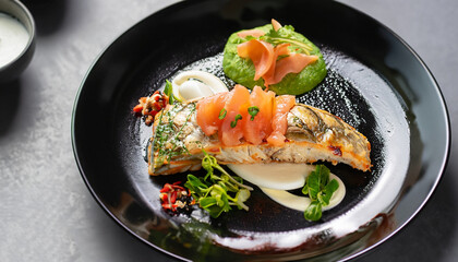 food fish elegant gourmet black plate top view lunch dinnerdish meal fine dining closeup green sea seafood shrimp beautiful modern