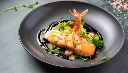food fish elegant gourmet black plate top view lunch dinnerdish meal fine dining closeup green sea...
