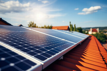 Fototapeta Solar panels on the roof of the house and blue sky.  Generative AI obraz