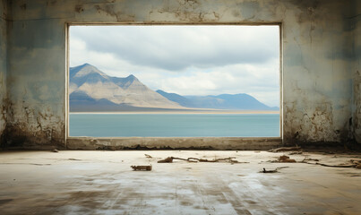 View from inside an abandoned room with bare walls to a beautiful natural landscape.
