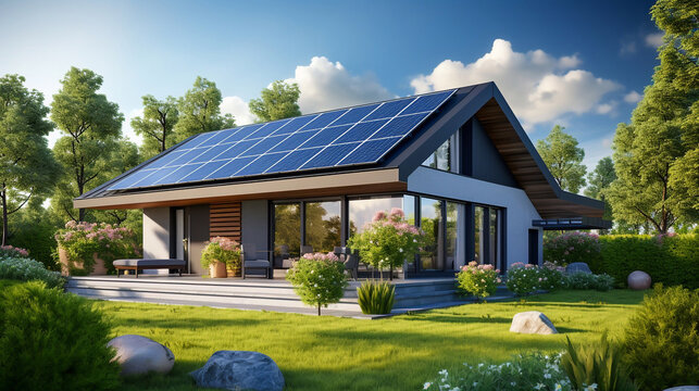 Solar panels on the roof of a modern house. Generative AI