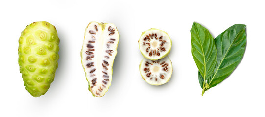 Noni (Morinda Citrifolia, great Morinda, indian mulberry, beach mulberry, cheese fruit) with green...