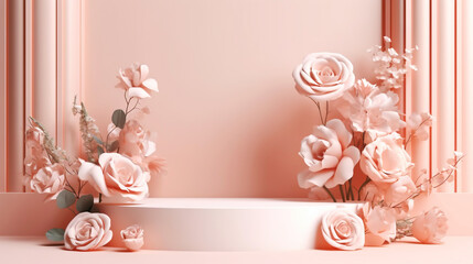 Podium with pink roses on pastel pink background to display products, gift or cosmetics. Generative AI