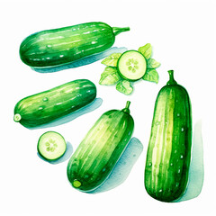 cucumber set watercolor on a white background created with Generative Ai
