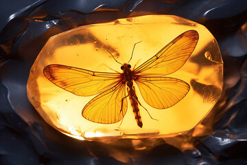 Amber with trapped insect. Animal preserved in piece of amber. Macro photography of gemstone....