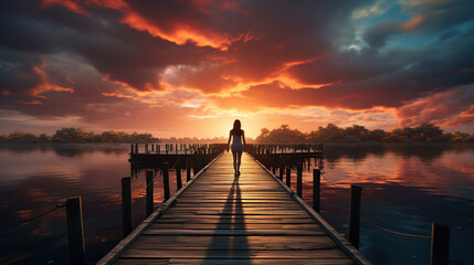 Fototapeta na wymiar Lone figure standing on a very unusual long pier at sunrise.
