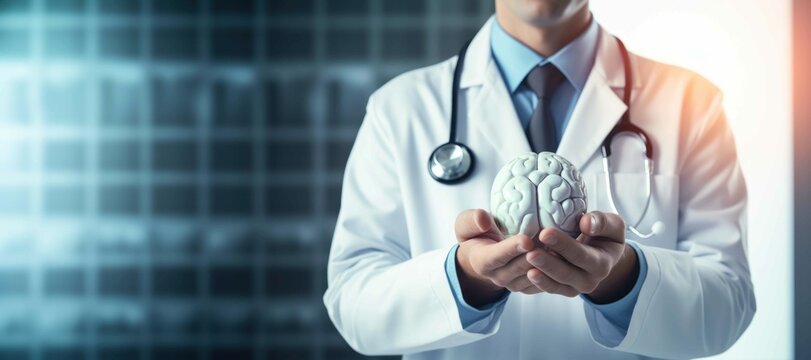 Doctor with a 3D brain on his hands. Generative AI.