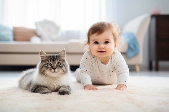 Baby laying at home with a cat. Generative AI.