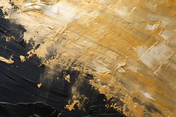 Closeup of abstract rough gold and black colored art painting texture, with oil brushstroke, pallet knife paint on canvas Generative AI
