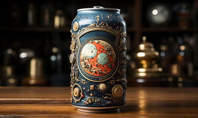 Creative metal can on the table, close-up.