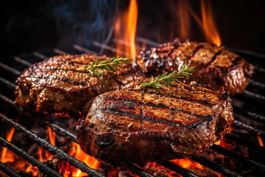 beef ribeye steak grilling on flaming grill