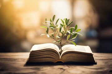 Tree growing out of an open bible on a wooden table with blurred background