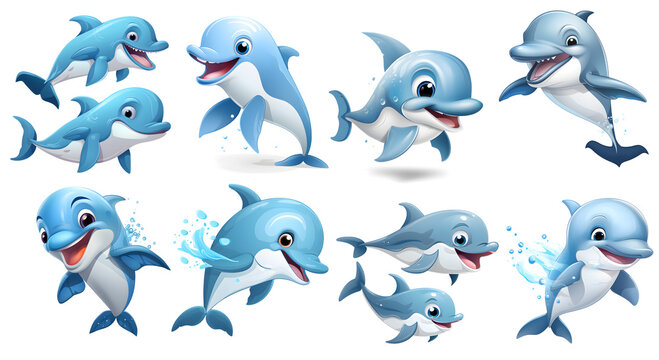 set of funny cartoon dolphin, generated ai