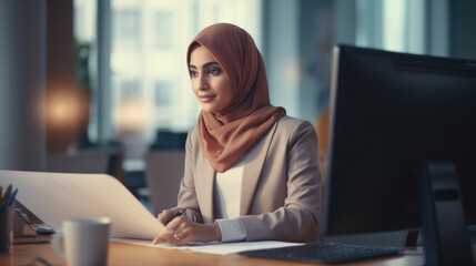 modern muslim woman in hijab in office room - obrazy, fototapety, plakaty
