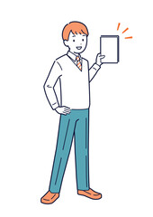 笑顔で本を紹介する男子学生＿全身