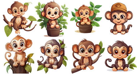 Naklejka premium set of monkeys Clipart isolated, generated ai