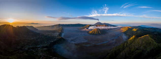 Panorama of Bromo active volcano at sunrise, East Java, Indonesia - 622596278