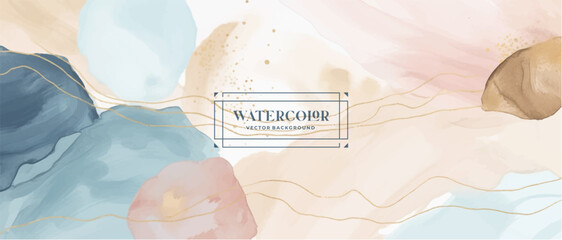 Watercolor art background vector. Wallpaper design with paint brush and gold line art. Earth tone blue, pink, ivory, beige watercolor Illustration for prints, wall art, cover and invitation cards.