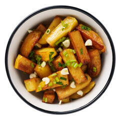 French fries close-up in a bowl with garlic and herbs