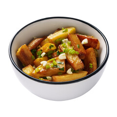 French fries close-up in a bowl with garlic and herbs