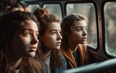 Fototapeta na wymiar Girls in the bus looking with interest from the window retro style photography generative ai