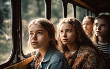 Girls in the bus looking with interest from the window retro style photography generative ai