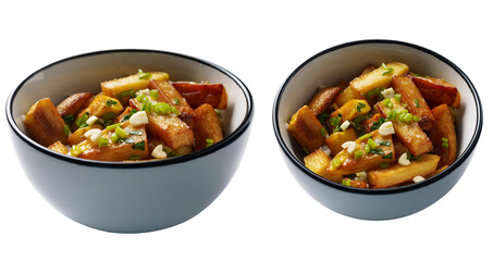 French fries close-up in a bowl with garlic and herbs