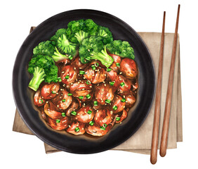 Teriyaki chicken with broccoli on black plate. Watercolor illustration