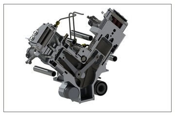 3D design of a motorcycle engine.