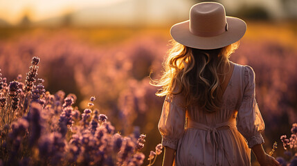 Happy woman with hat walking through in lavender flowers field