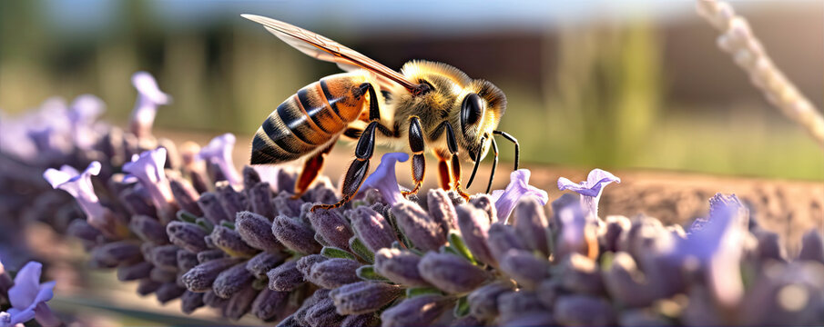 The bee (Apis mellifera) collects nectar from lavender. Banner photo. generative ai