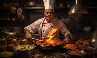 cooking, profession and people concept - happy male indian chef in toque with crossed arms over restaurant kitchen background - Powered by Adobe