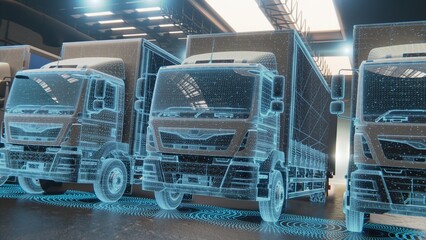 Technology Concept 3d render. Autonomic futuristic Euro semi truck with Cargo Trailer state at Night in garage with Sensors Scanning Surrounding. Special Effects of Self Driving Digitalizing Freeway