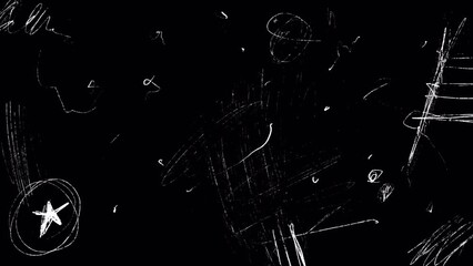 White grungy strokes on a black screen. Stock nostalgic video with old film effect. Stock 4k video with noise and dots with alpha channel.