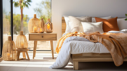 Fototapeta na wymiar Brown and orange pillows on white bed in natural bedroom interior with wicker lamp and wooden bedside table with vase.