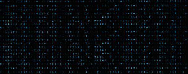 Binary Code backgrounds, a sequence of zero and one, blue numbers, on a black background. Numbers of the computer matrix. The concept of coding and cybersecurity