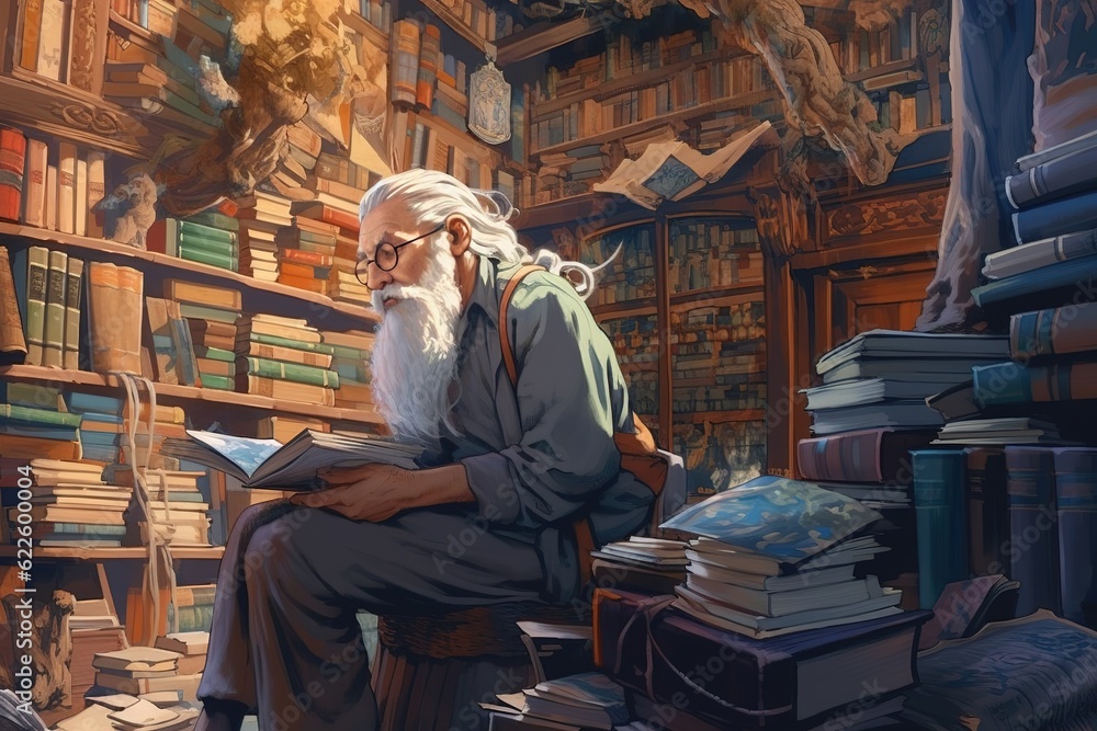 Poster an image of an elderly guy sitting in a library and reading a book