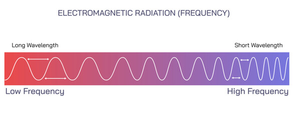 The electromagnetic spectrum EMS is the general name given to the known range of electromagnetic radiation. Wavelengths correspond to frequencies vector. range of frequencies, wavelengths and energy. - obrazy, fototapety, plakaty