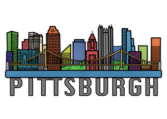 Pittsburgh City Skyline Colorful Illustration, Silhouette of Pittsburgh Pennsylvania, USA City