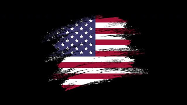 4K Paint Brush United States of America Flag with Alpha Channel Stock Video. Waving Brushed USA Banner. Transparent Background Texture Fabric Pattern High Detail.