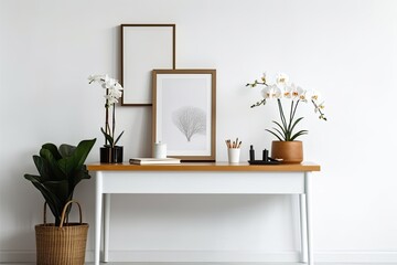 a white wall, a table with a plant, and a blank photo frame. Generative AI