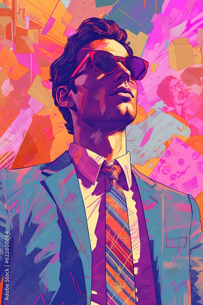 Poster a gentleman dressed in a suit and tie standing in front of a multicolored backdrop