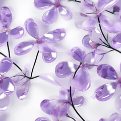 Glass violet flowers on white background, seamless pattern, Generative AI