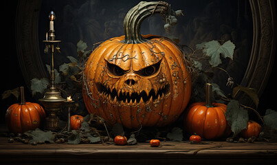 Halloween, big pumpkin lantern with a sinister carved smile.