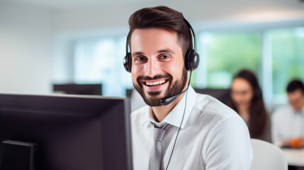 Fototapeta premium Smiling customer support operator with hands-free headset working in the office. Generative AI.